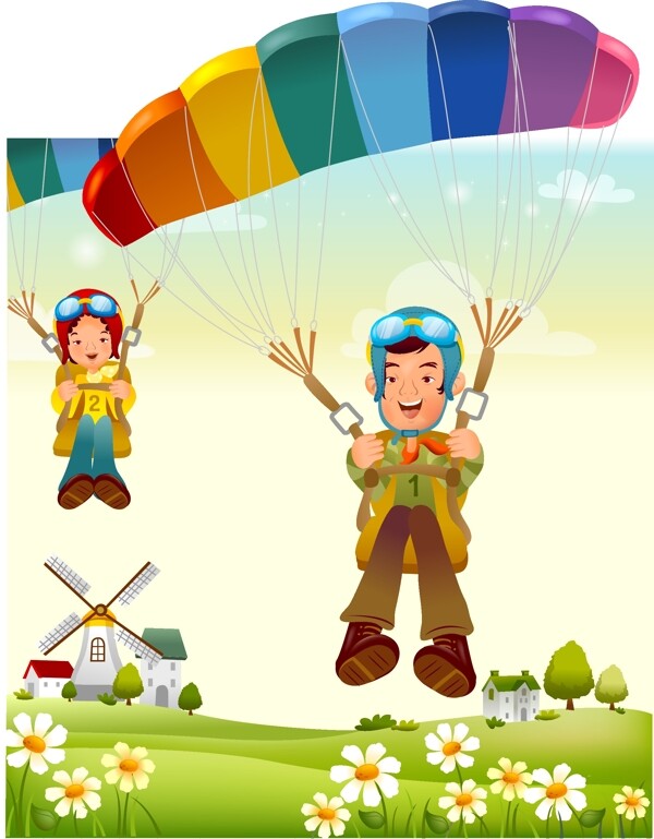 儿童降落伞卡通插图