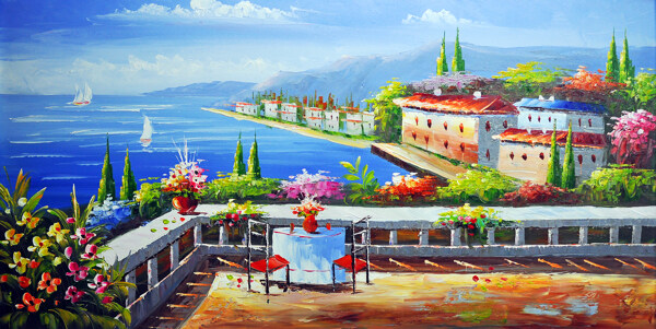 酒店地中海风景油画