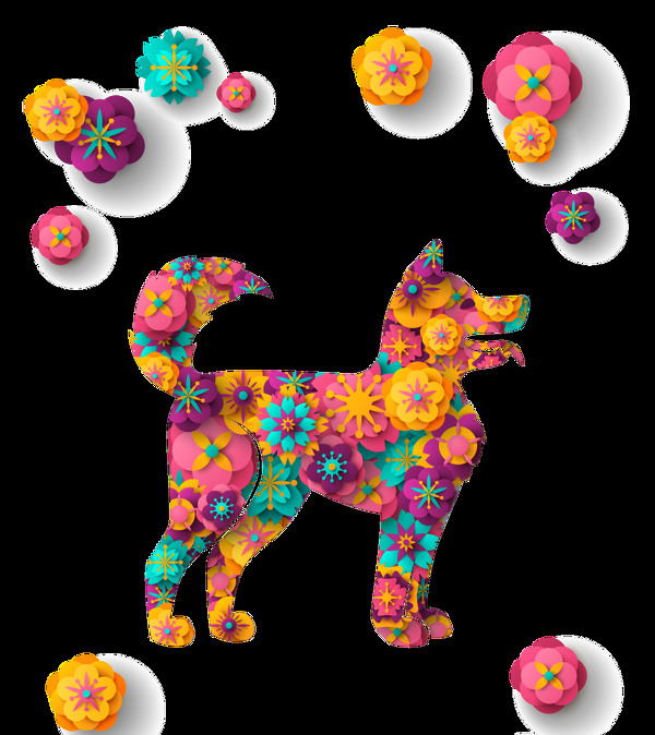 花朵设计的小狗透明装饰素材