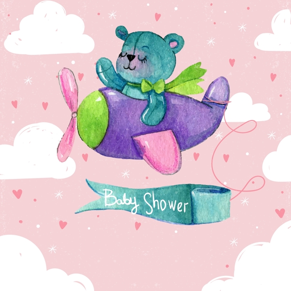 手绘水彩开飞机的泰迪熊儿童婴儿