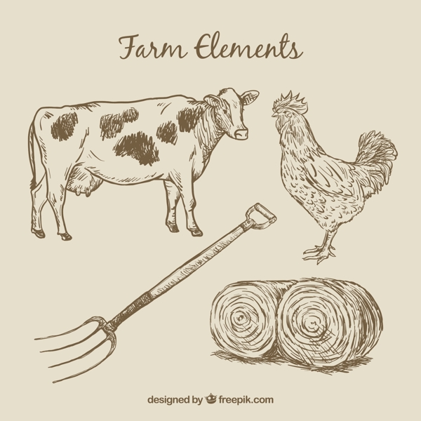 手工绘制农场动物和元素