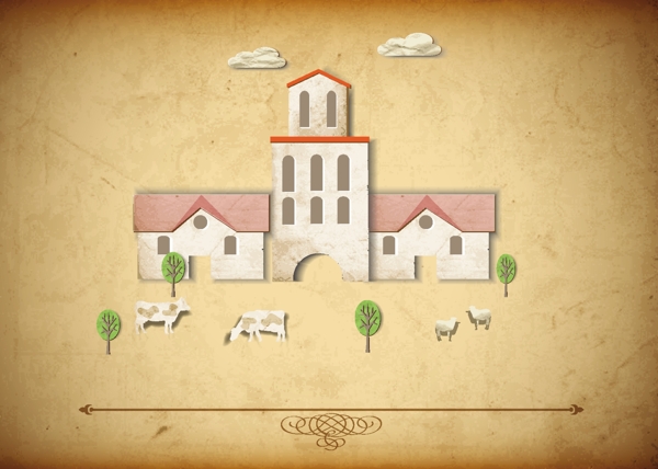 中世纪的教堂和绵羊的牛