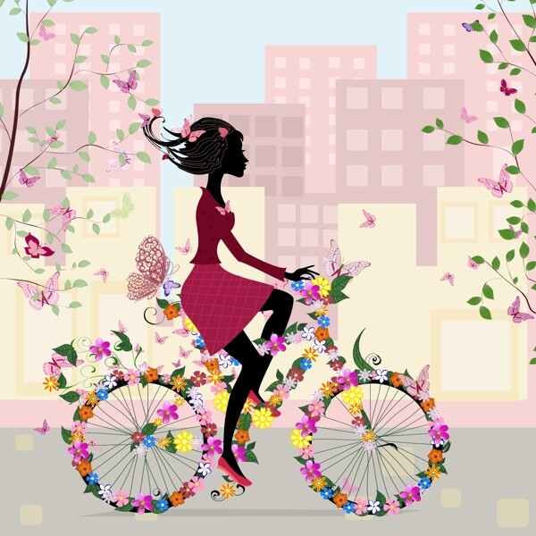 满身鲜花蝴蝶骑着自行车的美女图片