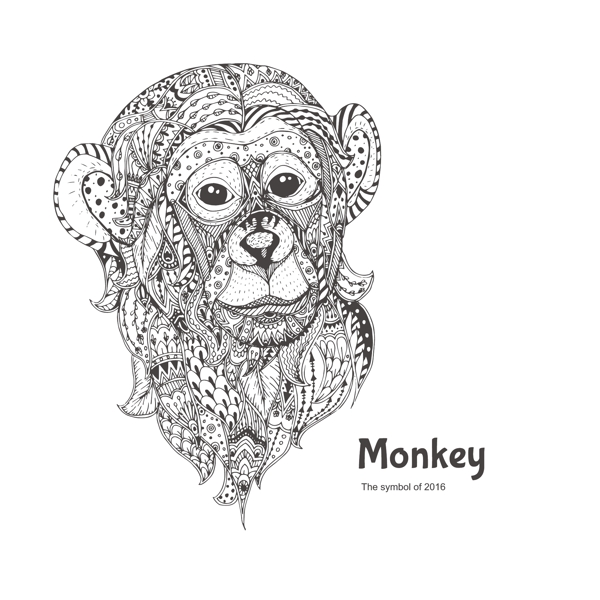黑白手绘花纹可爱的猴子头像