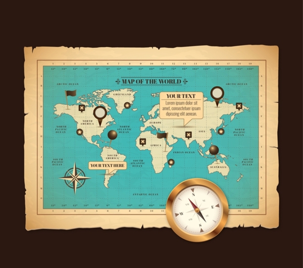 复古世界地图和指南针矢量图