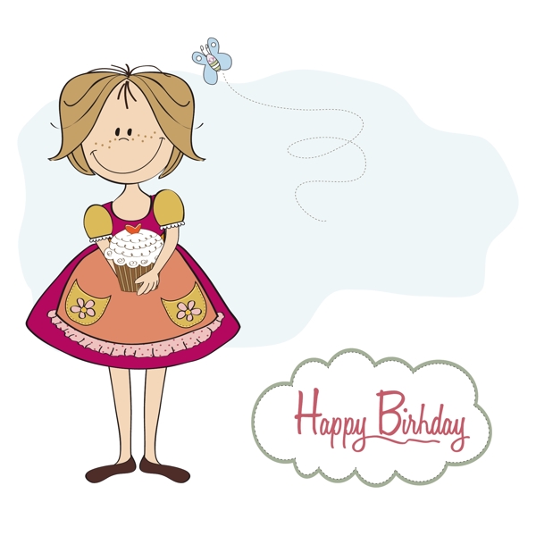 有一个女孩和一个小蛋糕的生日卡