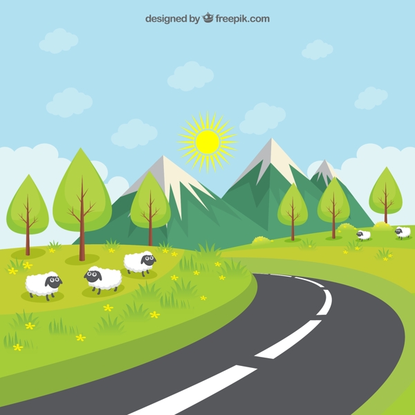 公路风景和绵羊图片