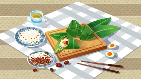 端午节包粽子清新手绘食物粽子插画写实