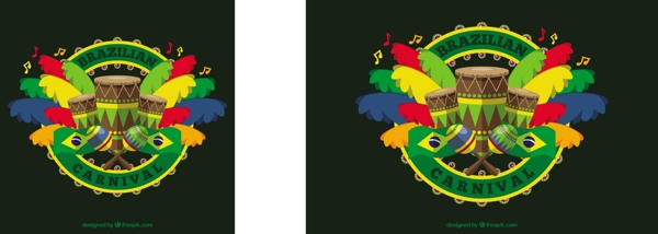 巴西嘉年华背景与小鼓和五颜六色的羽毛