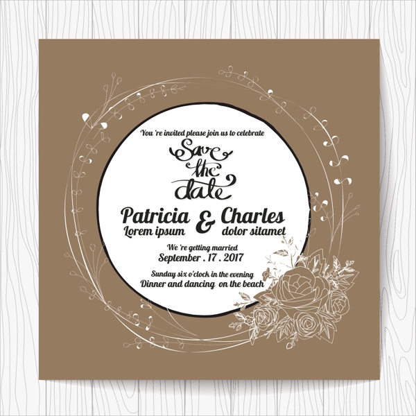 圆形设计棕色背景的婚礼邀请卡