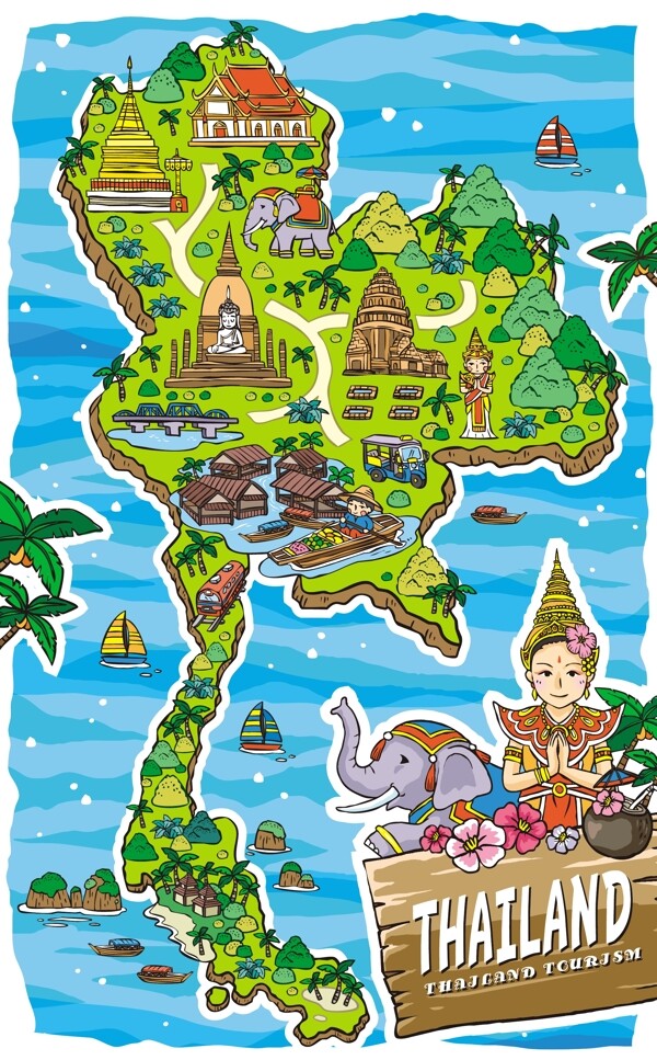 泰国旅游地图场景海报矢量素材