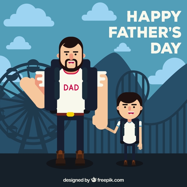 手绘扁平风格父亲和儿子蓝色背景