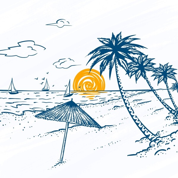 手绘棕榈树帆船海滩风景