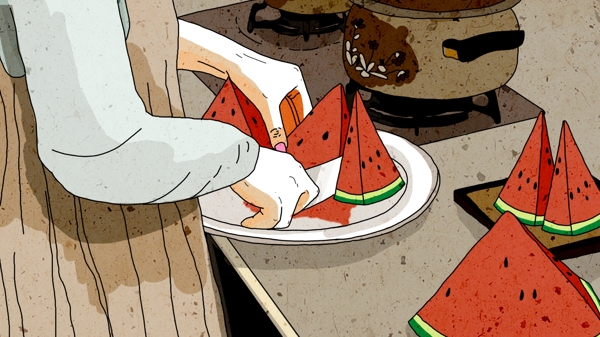 原创美食系切西瓜的女孩夏日水果清新插画