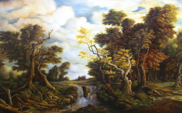 油画树林河流图片