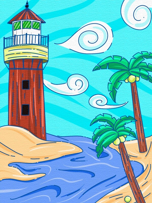 航海系列背景灯塔椰子树原创手绘