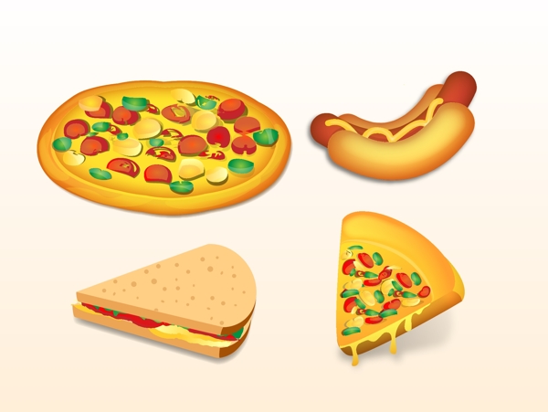 热狗三明治和比萨饼食物图标包的制作矢量