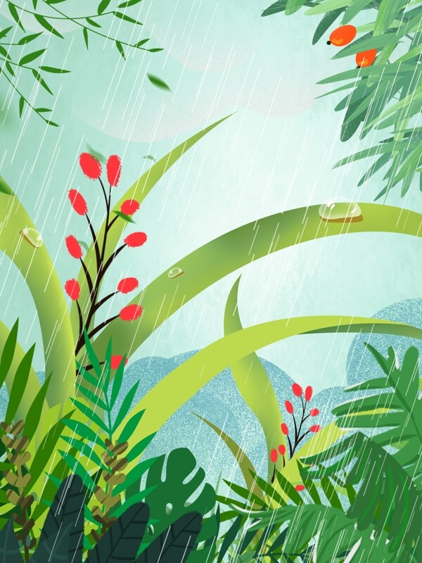 蓝色雨水节气植物背景设计