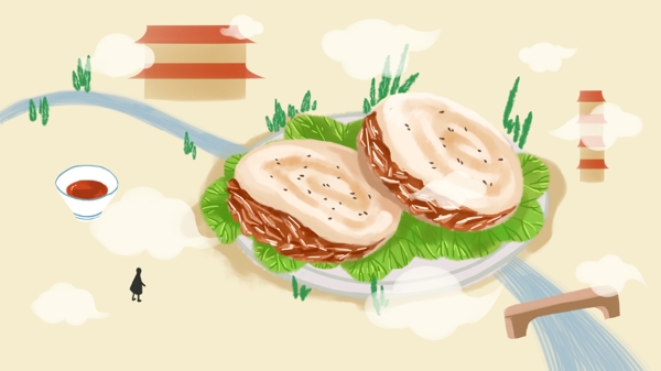 美食之城市剪影西安肉夹馍手绘原创插画