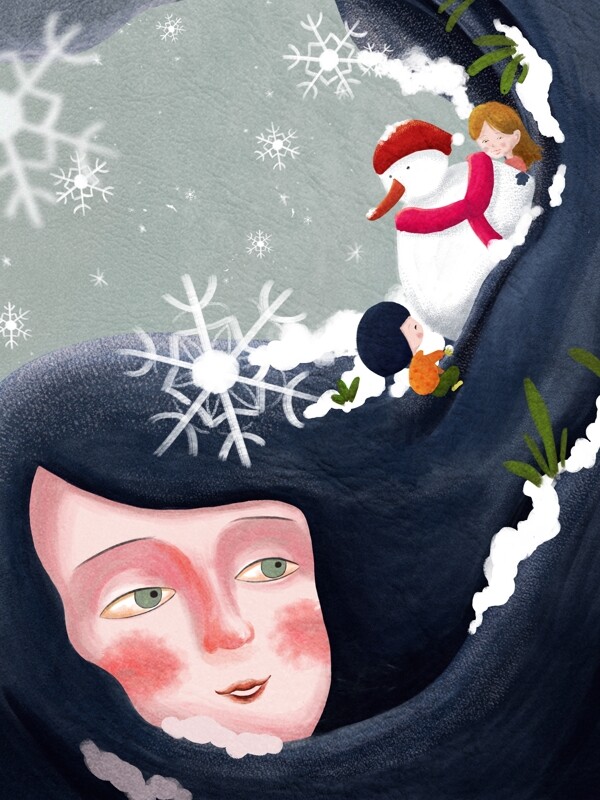 冬天可爱女孩堆雪人治愈手卡通插画