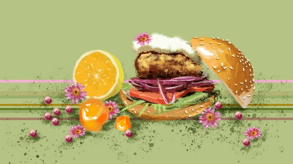 小清新美食汉堡包橙子小雏菊插画