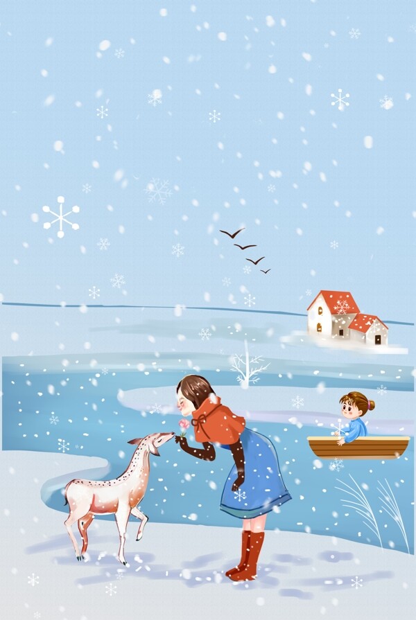 蓝色卡通手绘中国传统节气大雪背景