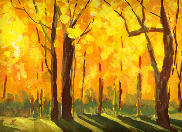 油画金色的树林图片