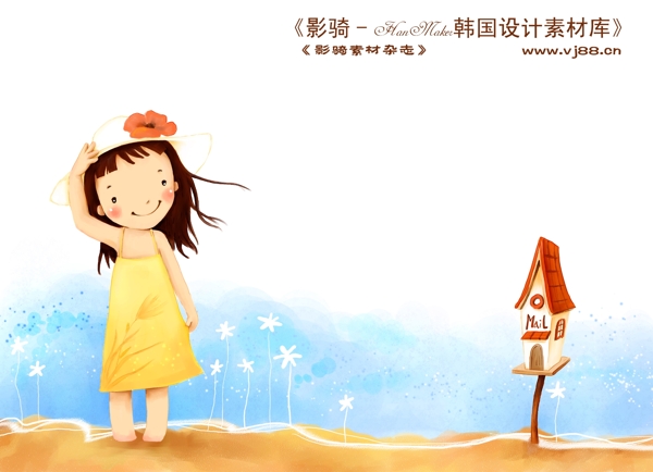 HanMaker韩国设计素材库背景卡通漫画可爱梦幻童年孩子女孩海边