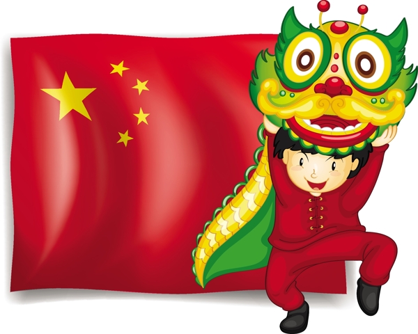 一个男孩在中国的国旗前面做舞龙