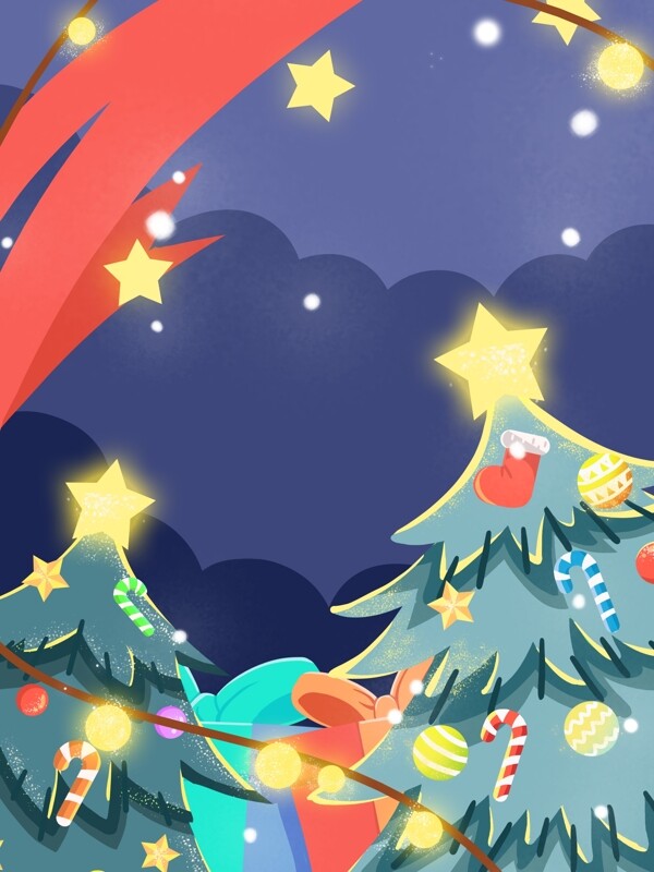 手绘圣诞节圣诞树与星星背景素材