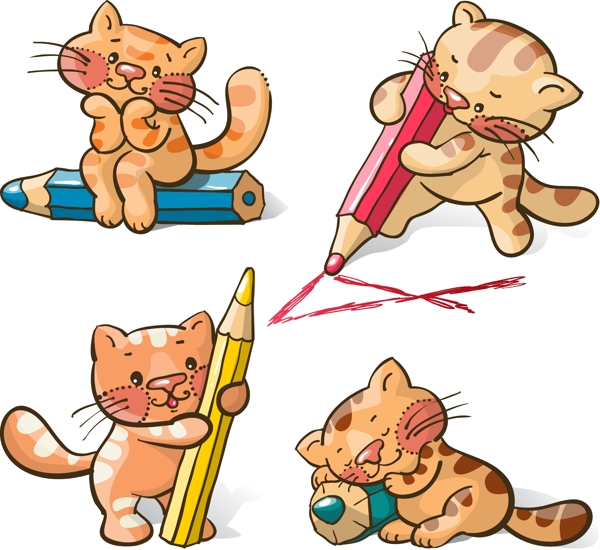 4款卡通猫咪与铅笔矢量素材
