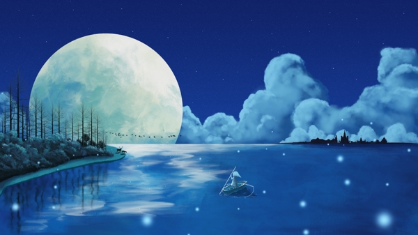 蓝色海洋治愈插画背景海报素材图片
