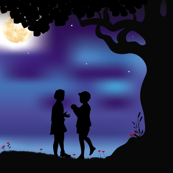 夜晚大树下的情侣插画