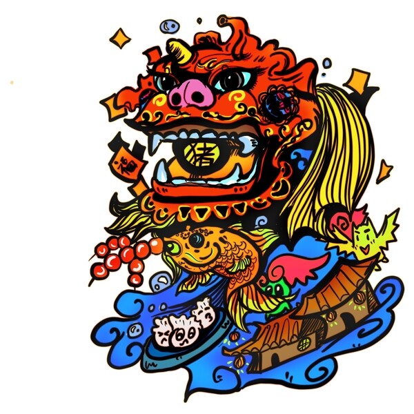中国新年传统卡通狮子手绘华丽速写PNG春节