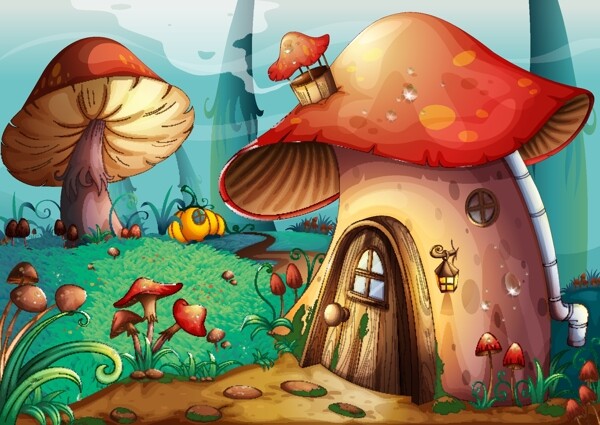 矢量可爱卡通森林蘑菇屋图片