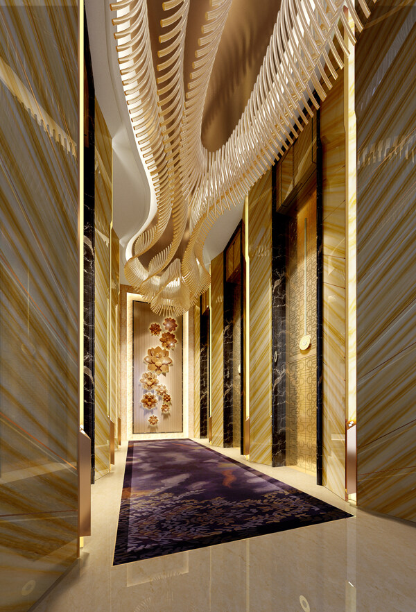 现代时尚金色花纹背景墙酒店走廊装修图