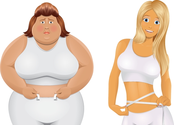 胖瘦女子对比插画