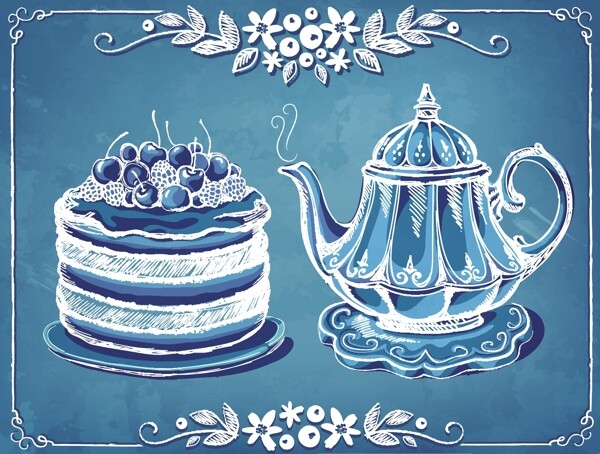 蓝色茶壶与水果蛋糕矢量素材下载