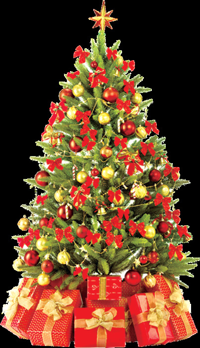 挂满红色圣诞装饰和礼物的圣诞树元素