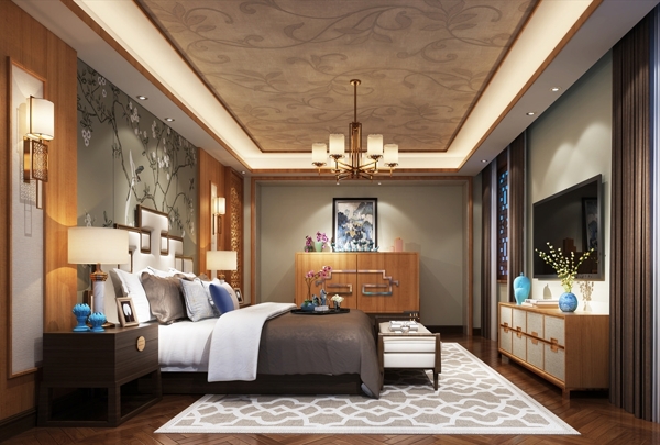 新中式卧室集成墙面模型效果图