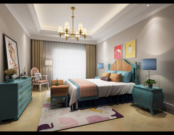 美式清新卧室水蓝色家具室内装修效果图