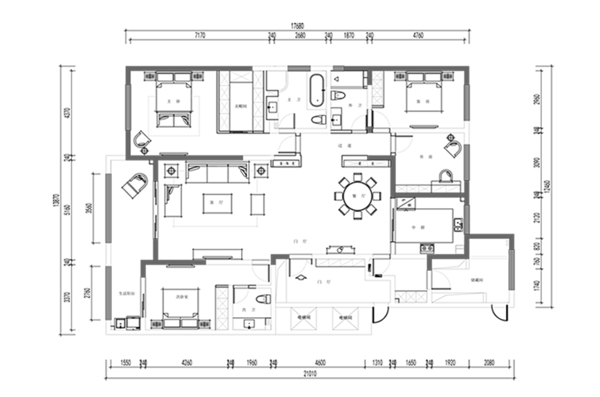 高层三居室户型CAD平面方案