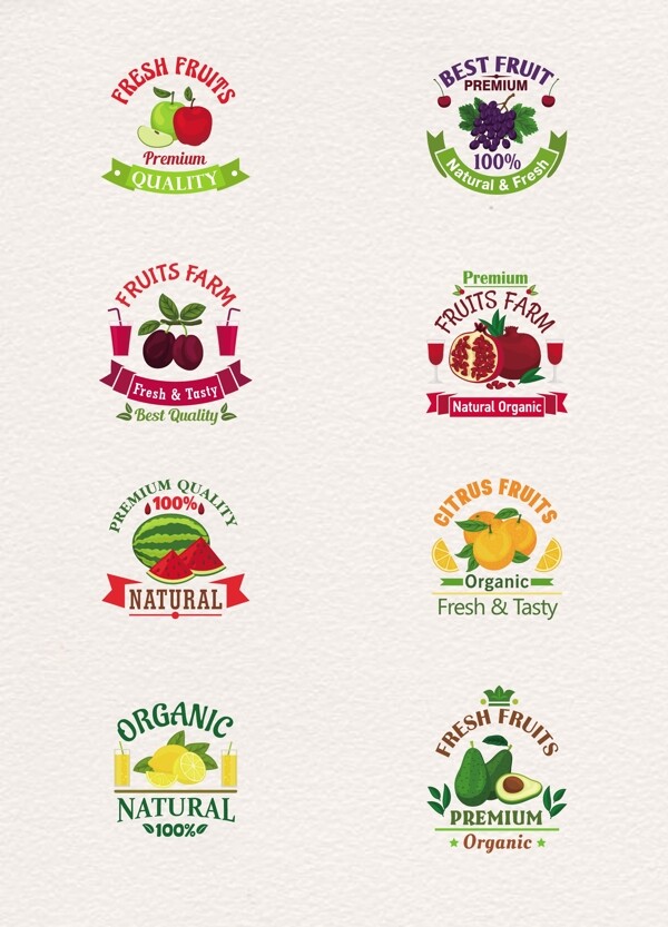 8组卡通彩色新鲜水果标签设计