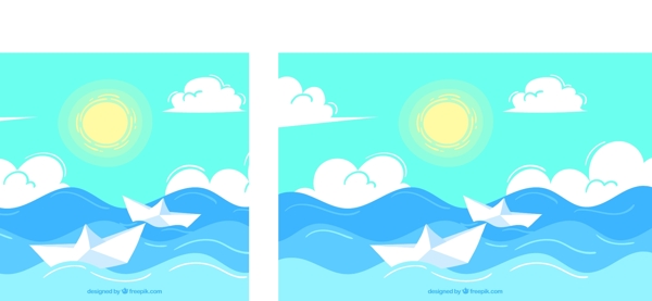 海上蓝天背景与两个纸船