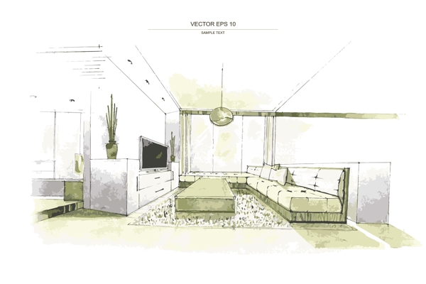 手绘客厅装修效果图矢量素材