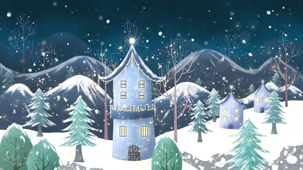 唯美清新插画冬季雪景雪中的山间小屋