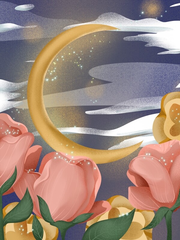彩绘花丛月亮晚安背景设计