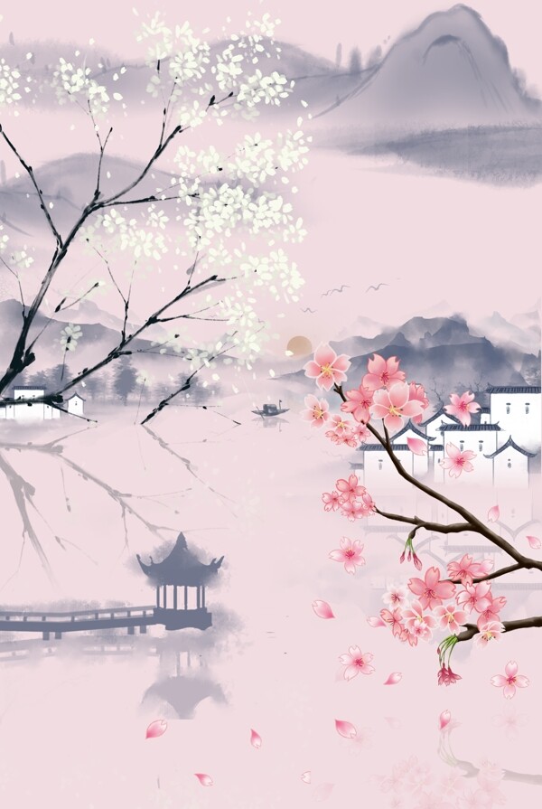 粉色中国风杏花旅行海报