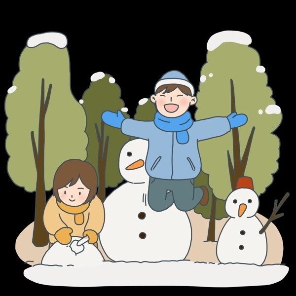 2019新年过年堆雪人玩雪手绘插画免抠元素下载