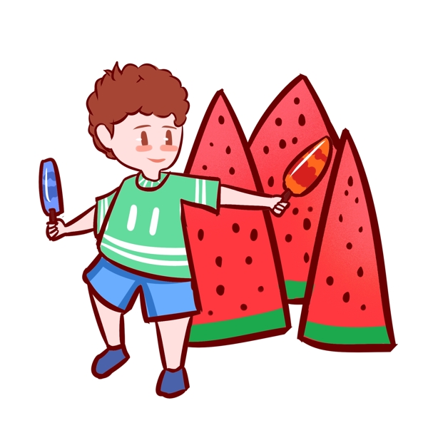 夏天吃西瓜吃冰淇淋的男孩